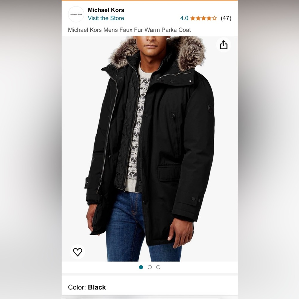 Black Michael Kors Men’s Medium Faux Fur Parka Coat